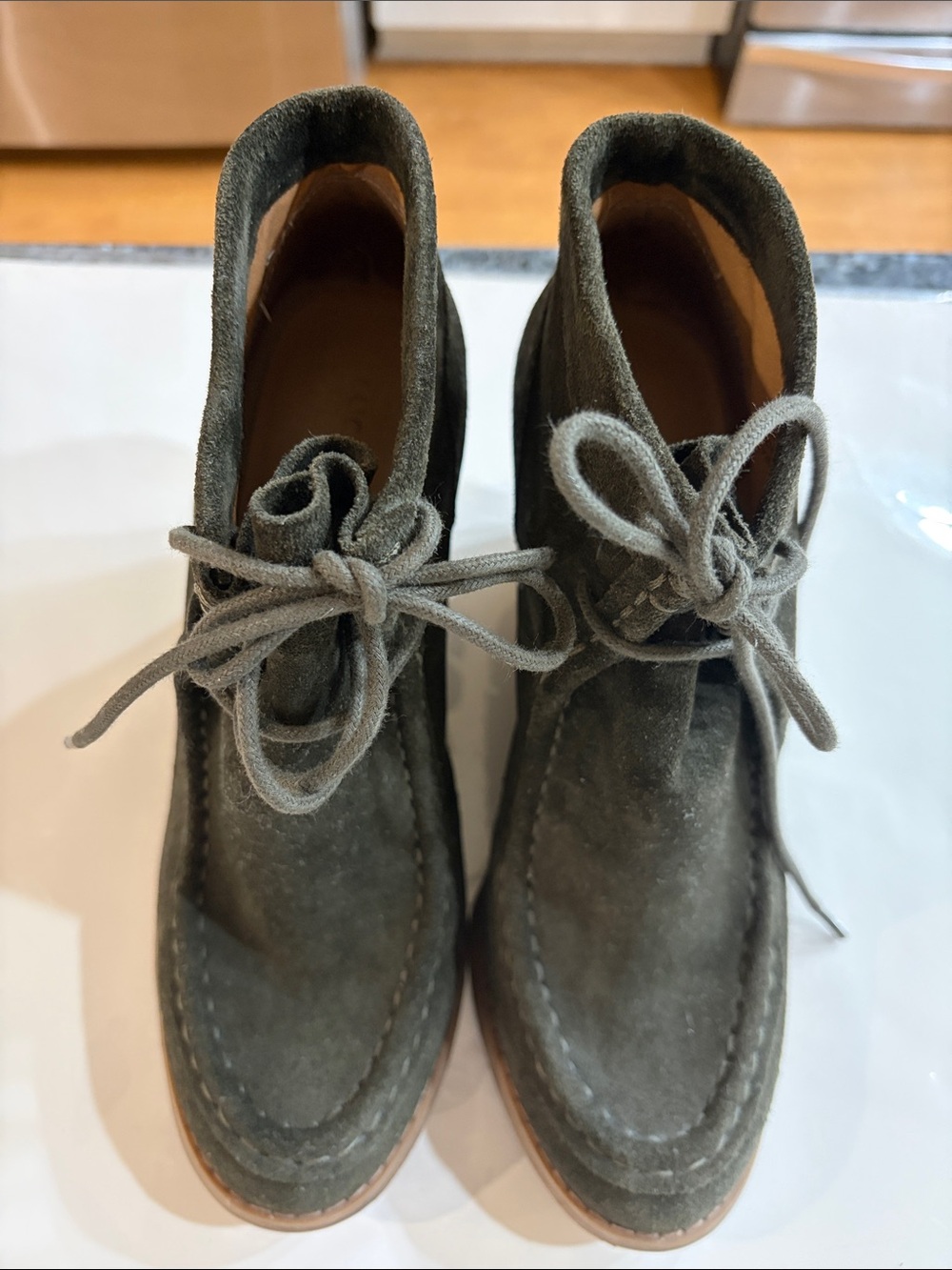 Lucky Brand Black wedge women shoe bootie lace up with a charcoal color.